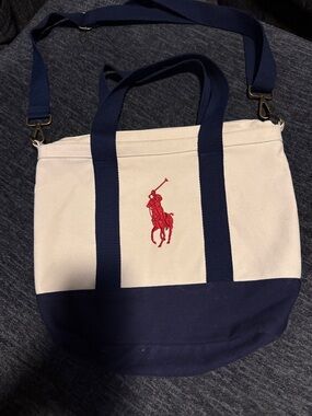 Ralph Lauren, BIG PONY Cream & Navy Canvas Messenger Tote with Red Polo LOGO🔥🔥